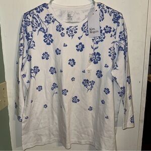KIM ROGERS (PL) Crew Neck 3/4 Length Sleeves Blue  & White Floral NWT